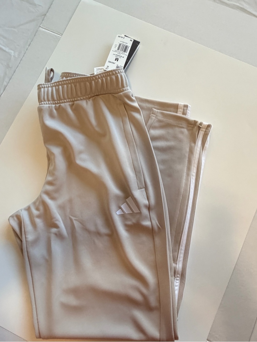 Adidas Men’s Track Pants Size M Beige White 3-Stripes Zip Ankle NWT
